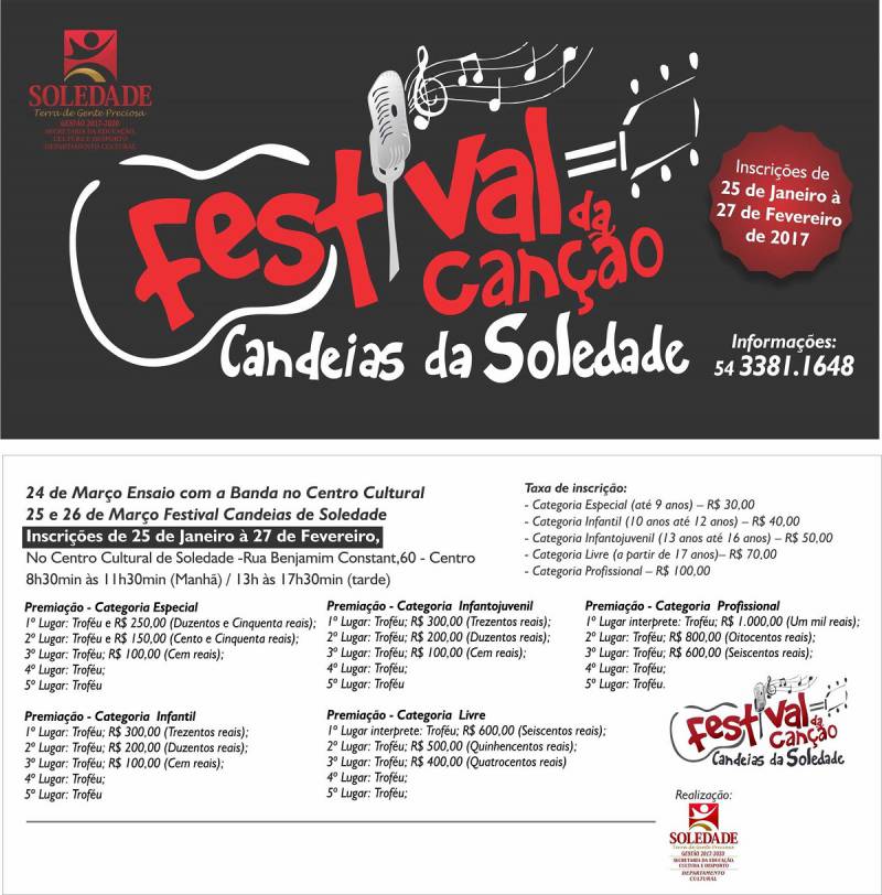 3º Festival da Canção Candeias da Soledade estará com inscrições abertas a partir da próxima semana